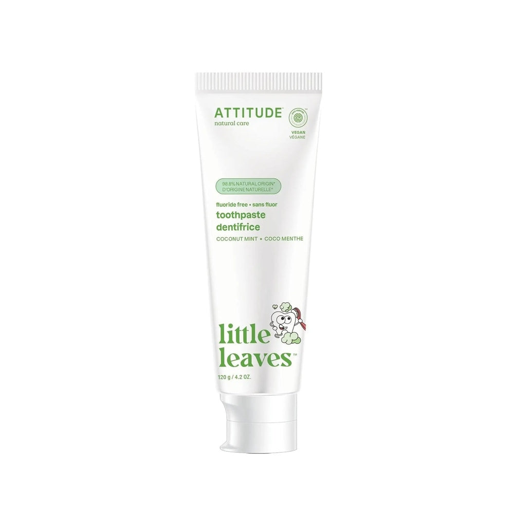Attitude Kids Fluoride Free Toothpaste 120G tube with coconut mint label, standing upright.
