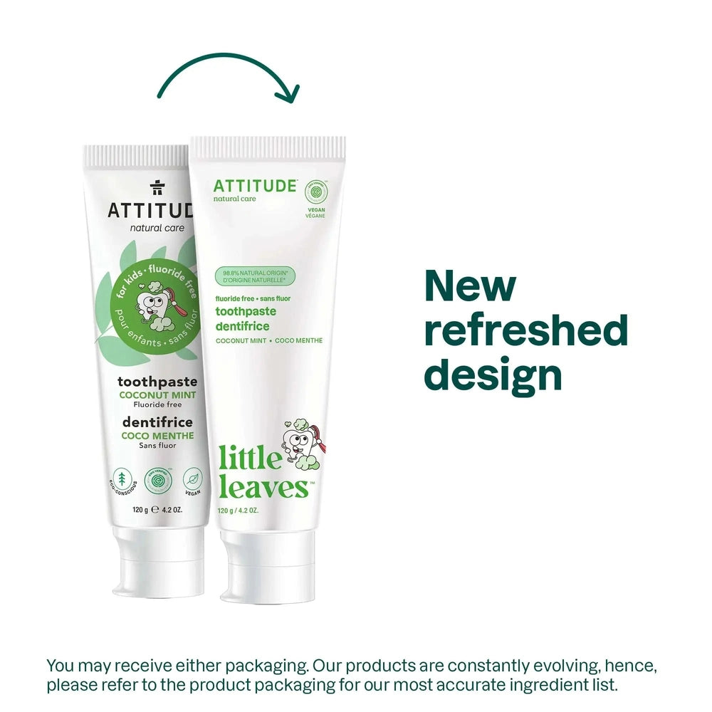 ATTITUDE Kids Fluoride Free Toothpaste 120g coconut mint; two tubes stand side by side in a kid-friendly display.