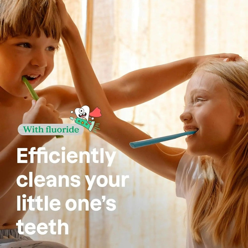 ATTITUDE Kids Toothpaste With Fluoride 120G, two children brushing to show fluoride protection.
