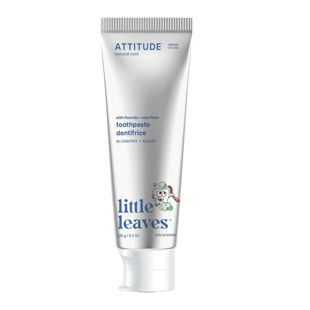 Attitude Kids Toothpaste With Fluoride 120G tube standing upright with blue branding and cartoon leaves character.