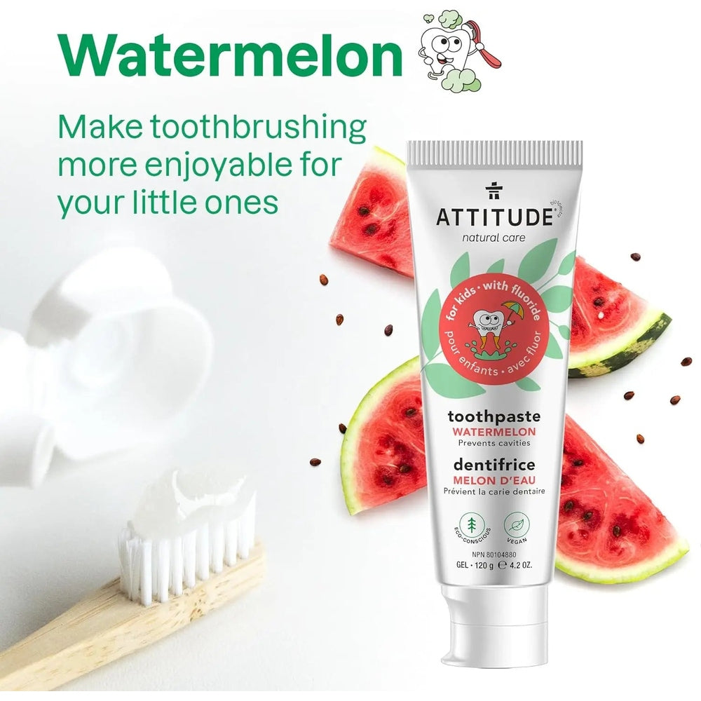 ATTITUDE Kids Toothpaste With Fluoride 120g watermelon flavor, toothpaste visible on a toothbrush ready to brush