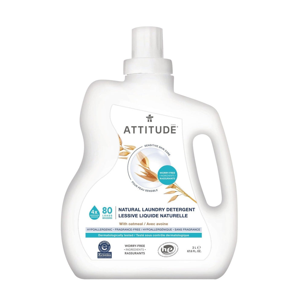 Attitude laundry detergent 2L bottle, sensitive-skin formula with oatmeal, fragrance-free and natural.