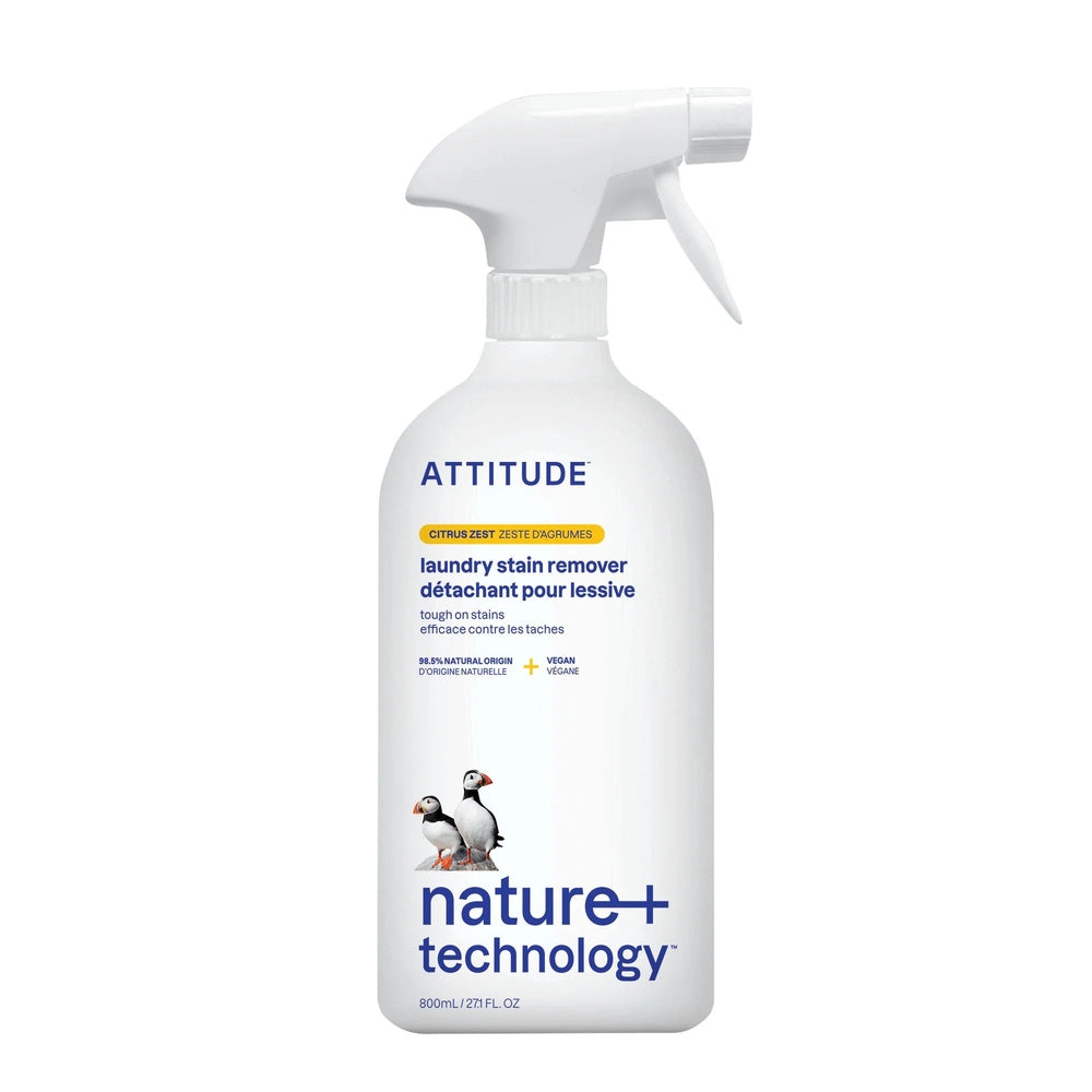 Attitude laundry stain remover Citrus Zest 800 ml bottle with penguin logo; white bottle with blue text