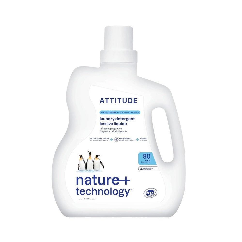 Attitude liquid laundry detergent 2L in white bottle with built-in handle, wildflower scent.