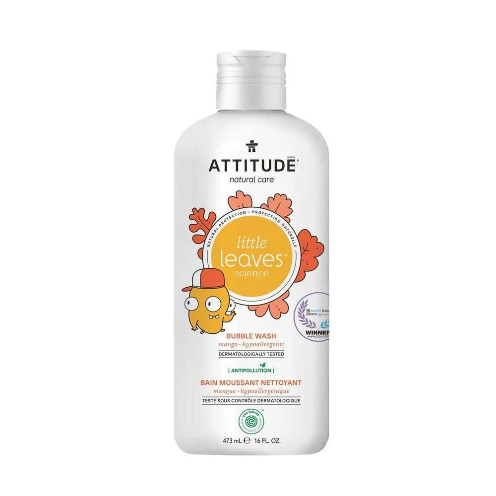Attitude Natural Bubble Wash 473 ml bottle standing upright with mango label and leaf design, hypoallergenic, dermatologist-tested bath care.