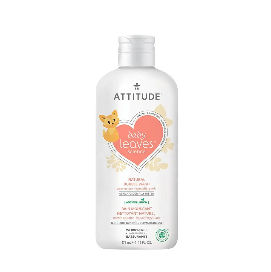 Attitude Baby Leaves Science Natural Bubble Wash 473 ml bottle standing upright, showing pear nectar and hypoallergenic formula.