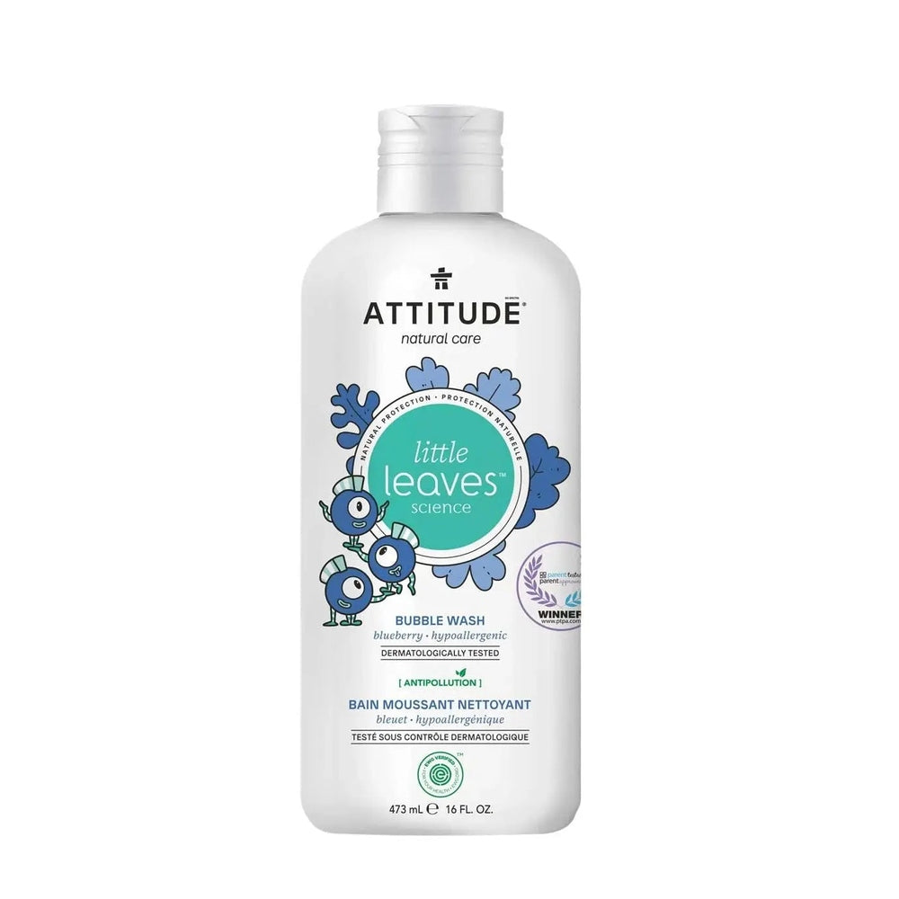 Attitude Natural Bubble Wash 473 ml bottle standing upright, blueberry-scented, hypoallergenic, dermatologically tested.
