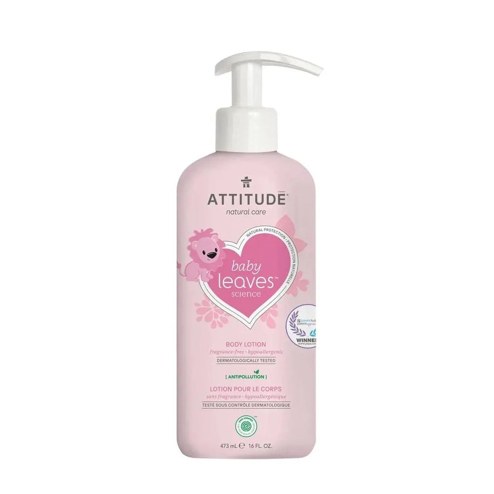 Attitude Natural Little Leaves Body Lotion 473 ml in pink bottle, shown dispensed from a pump.
