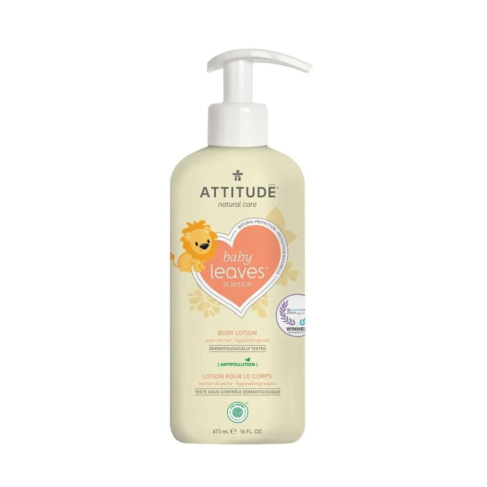 Attitude Natural Little Leaves Body Lotion 473 ml bottle with pump, being squeezed to moisturize baby's skin.