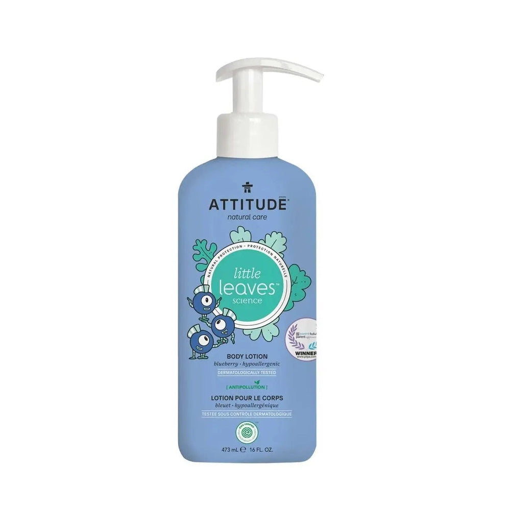 Attitude Natural Little Leaves Body Lotion 473 ml in a blue bottle with pump for easy dispensing.