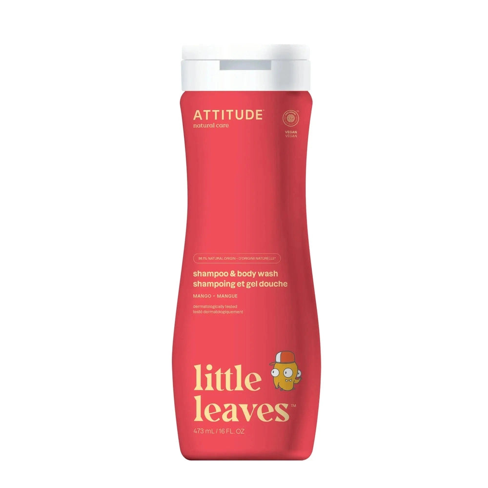 Attitude Natural Shampoo & Body Wash 473 ml red bottle with white cap, mango scent, vegan.