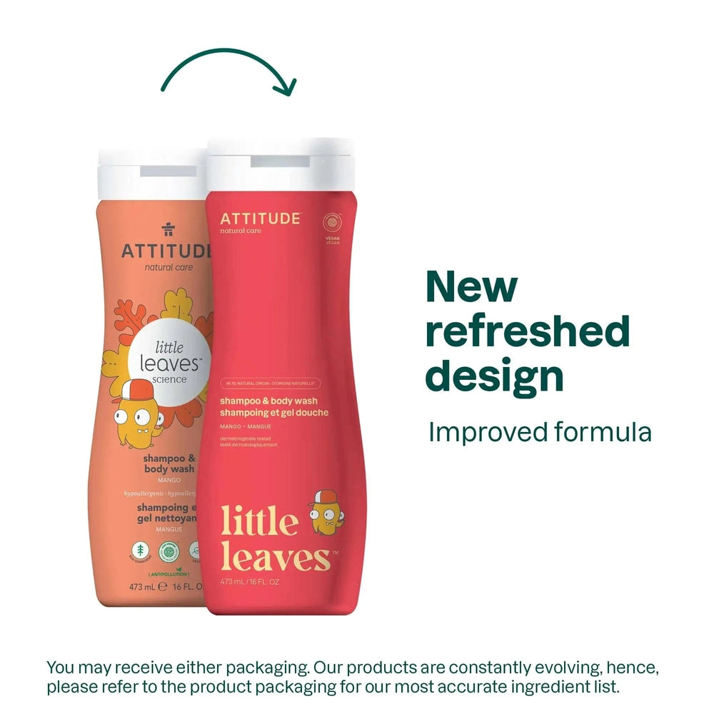 ATTITUDE natural shampoo & body wash 473 ml in pink/peach bottles, two Little Leaves designs signaling new refreshed packaging.