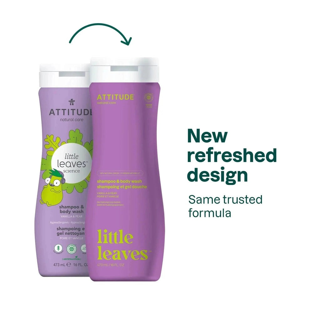 Attitude Natural Shampoo & Body Wash 473 ml two-pack in lavender bottles with vanilla & pear scent.