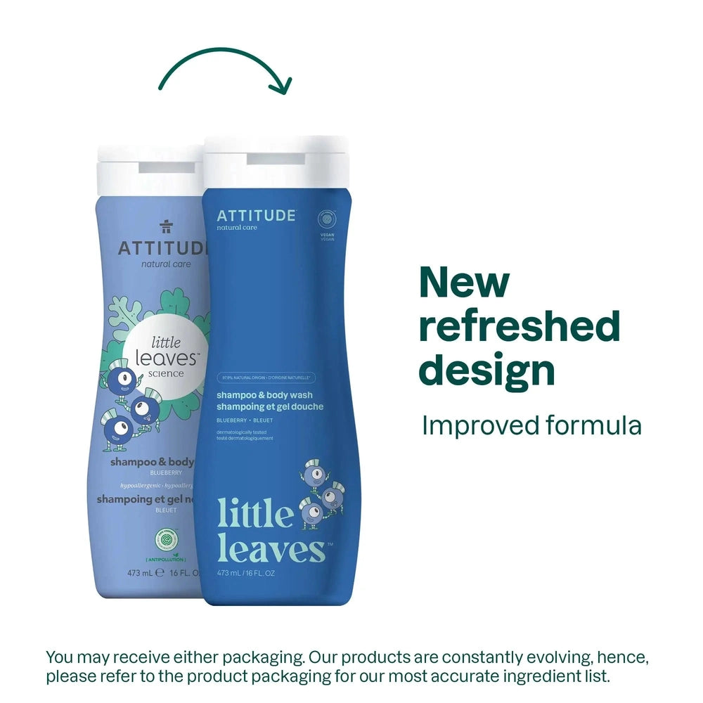 ATTITUDE Natural Shampoo & Body Wash 473 ml, two blue bottles with little leaves art, showing new refreshed design.