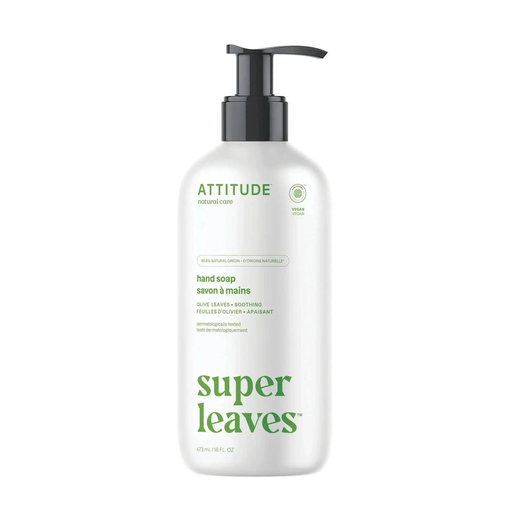 Attitude Super Leaves Natural Liquid Hand Soap 473 ml bottle with black pump, hand pressing to dispense olive-leaf soothing soap.