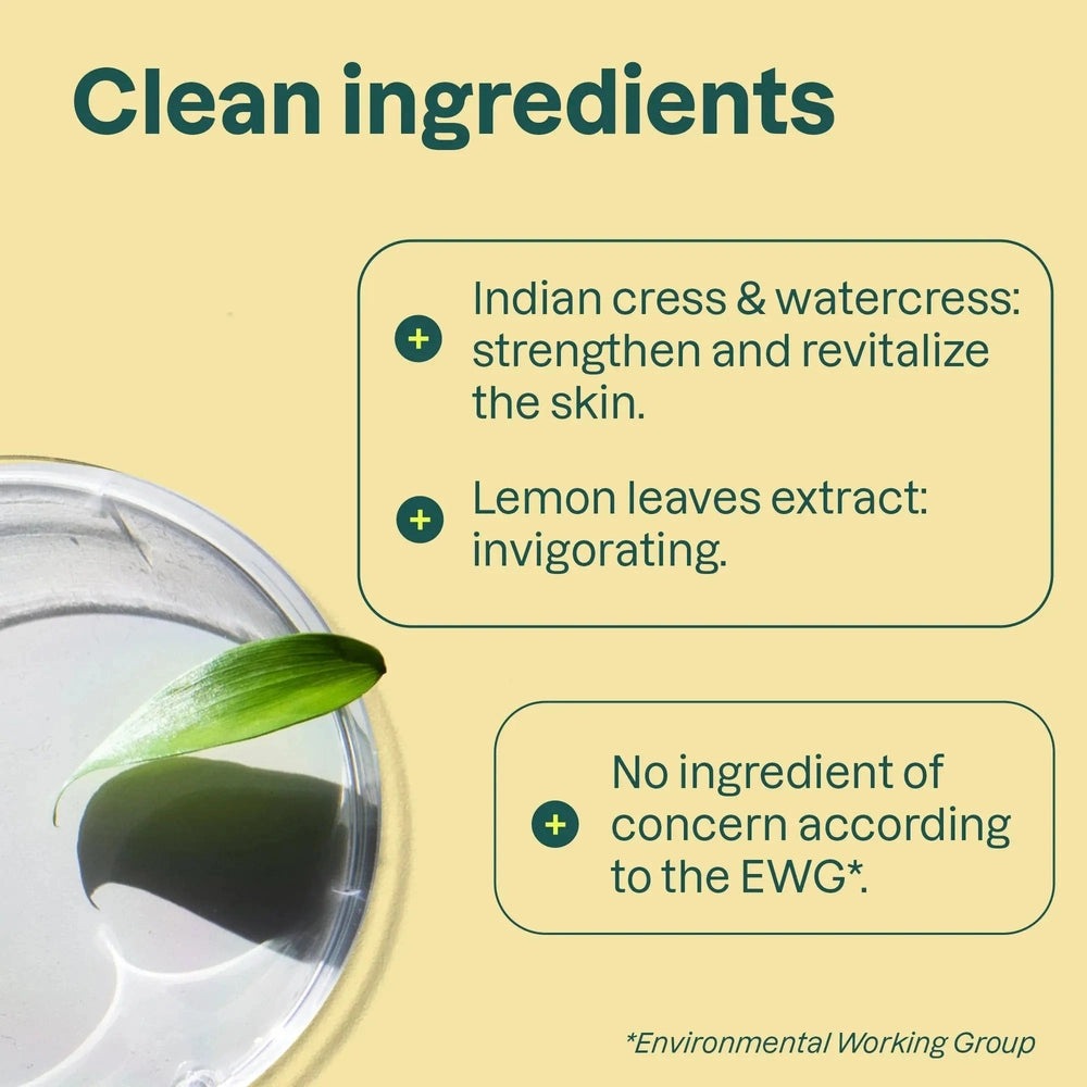 ATTITUDE Super Leaves Natural Liquid Hand Soap 473 ml with lemon leaves extract and Indian cress, leaf resting on glass.