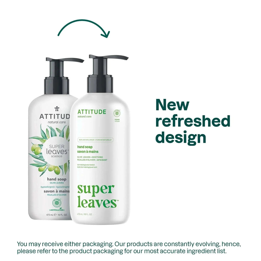 Attitude Super Leaves Natural Liquid Hand Soap 473 ml, two white bottles with pump dispensers shown ready for use.