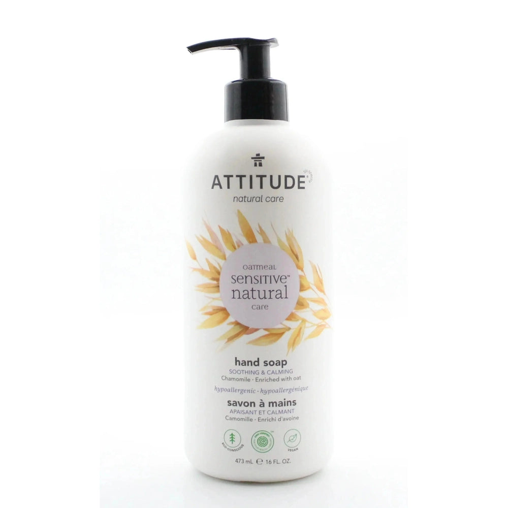 Attitude hand soap 473 ml in a white pump bottle; pressing the pump dispenses soothing oatmeal formula.