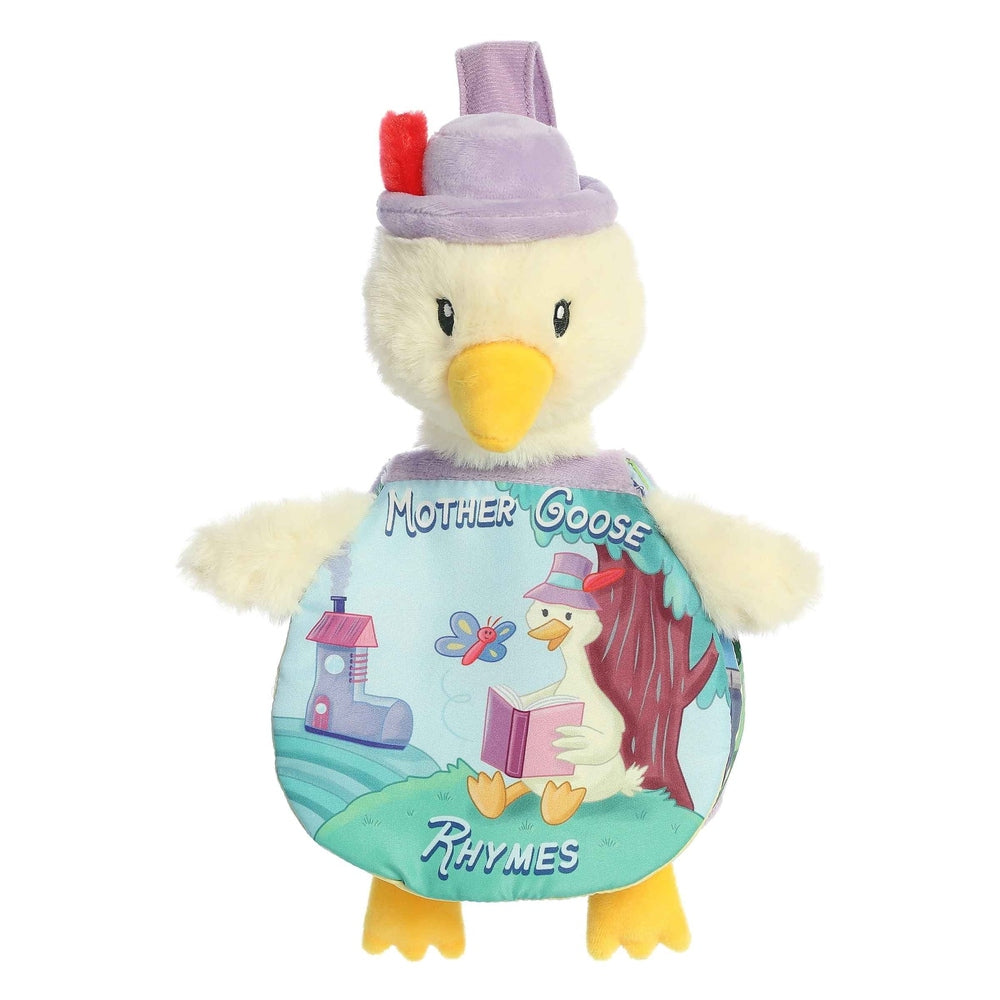 9-inch plush yellow duck with purple hat and red feather; book-shaped body printed with Mother Goose Rhymes illustration.
