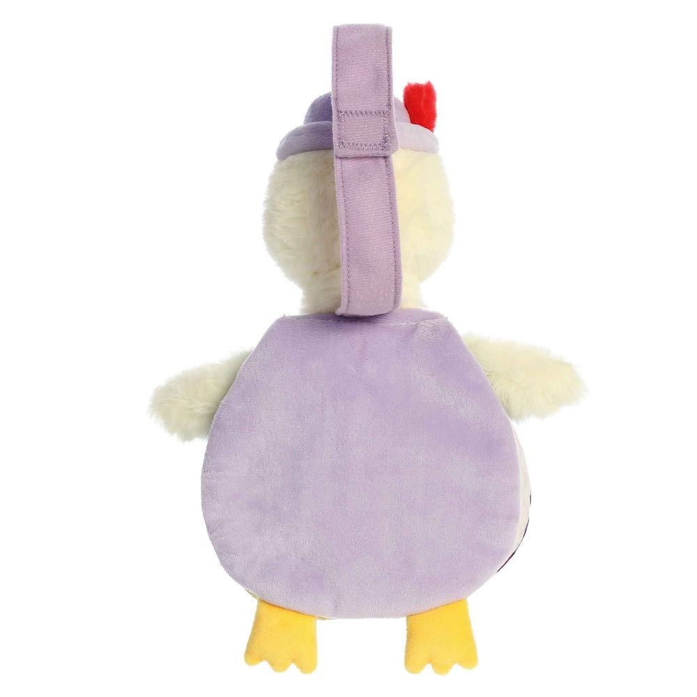 Lavender 9-inch plush Mother Goose Story Pals toy, back view with purple strap, yellow feet, cream wings.