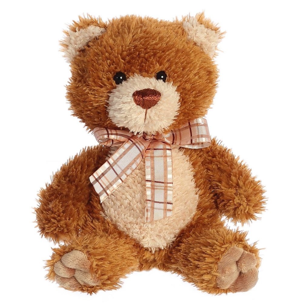 Aurora Brown Sugar bear stuffed animal with soft brown fur and cream belly, plaid bow.