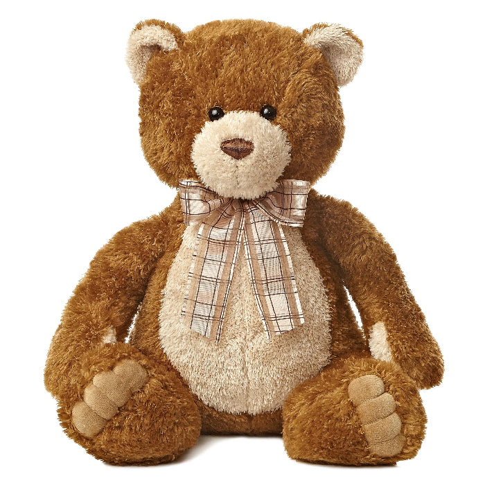 Aurora Bear Brown Sugar stuffed animal by Aurora; brown plush with beige belly and plaid bow