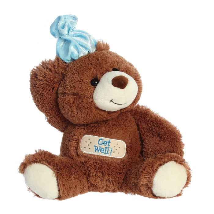Get Well Bear stuffed animal by Aurora, 12-inch brown plush with blue bow and bandage patch