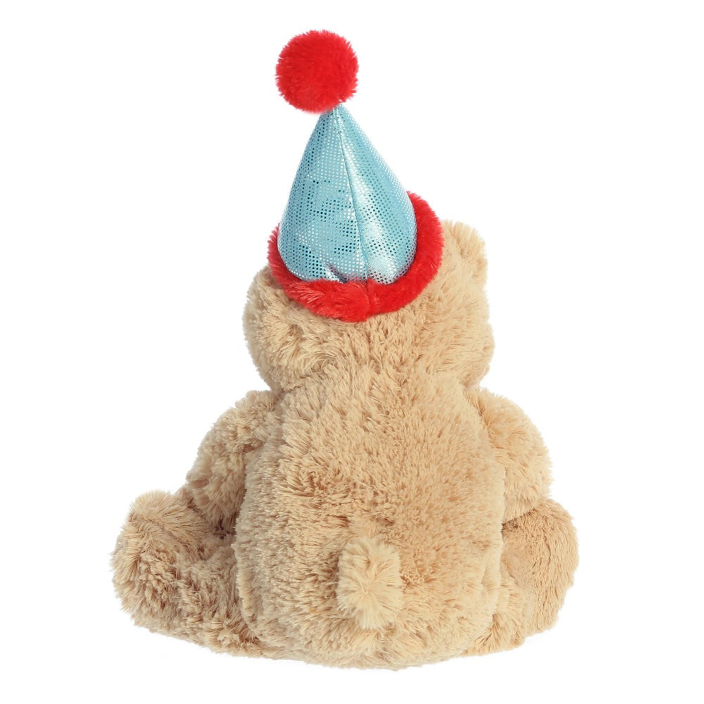 Aurora 12-inch Happy Birthday Bear stuffed animal with blue sequin party hat and red trim