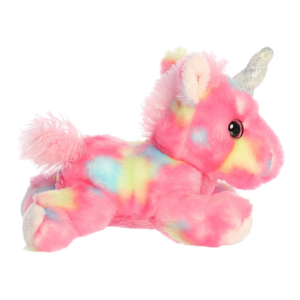 Aurora Jellyroll Unicorn stuffed animal, pink rainbow plush with silver horn and glossy black eye