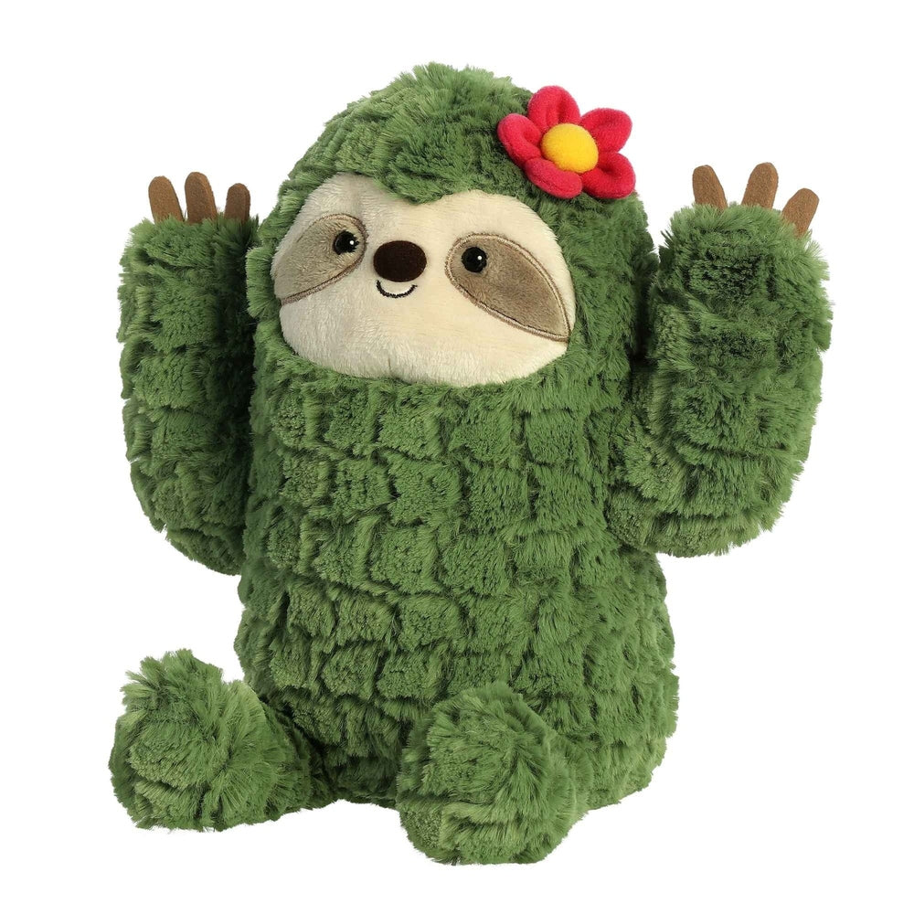 Sloth stuffed animal by Aurora, 10-inch green plush with red flower on head