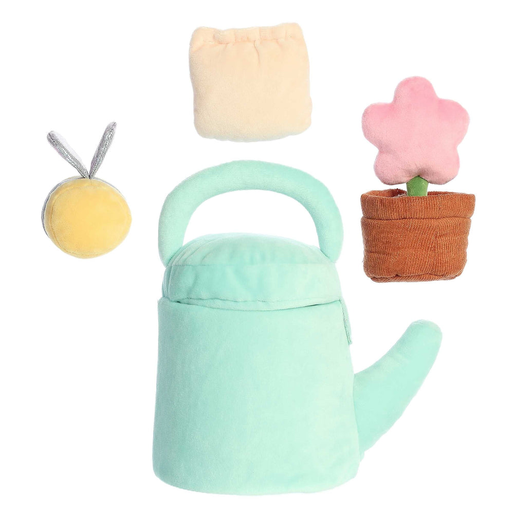 Aurora Ebba Baby Talk My First Flower 7in plush set with mint watering can, yellow ball, pink flower (3 items)