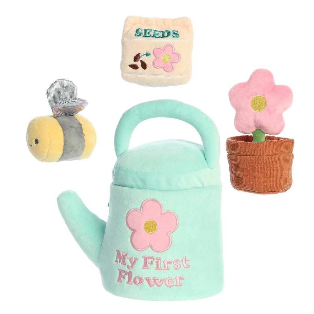 Aurora Ebba My First Flower 7in plush set; mint teapot with flower and bee, plus potted flower plush (4 pieces)