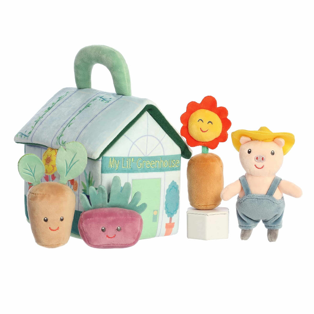 Aurora Ebba Baby Talk My First Greenhouse 8.5-inch plush playset with carrot, turnip, sunflower and farmer pig