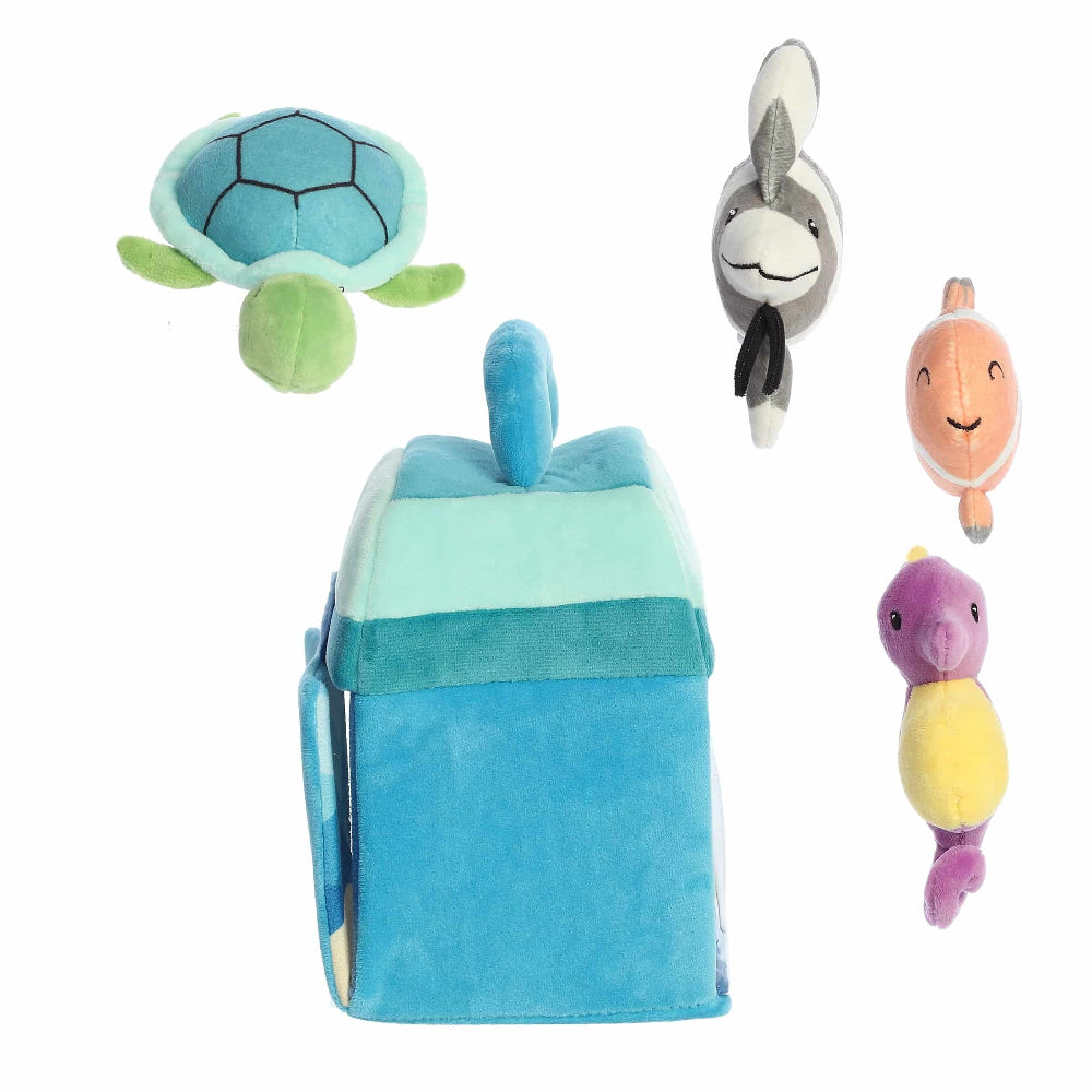 Aurora Ebba Baby Talk My Fishy Friends 8-inch plush set with turtle, donkey, orange fish and purple-yellow seahorse