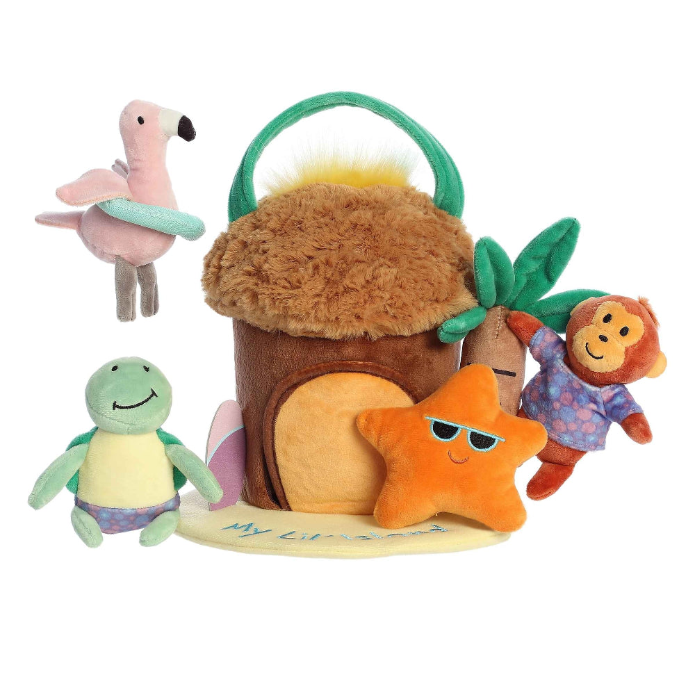 Aurora Ebba My Lil' Island plush set with sandcastle island, palm tree, and four soft friends: flamingo, turtle, monkey, starfish
