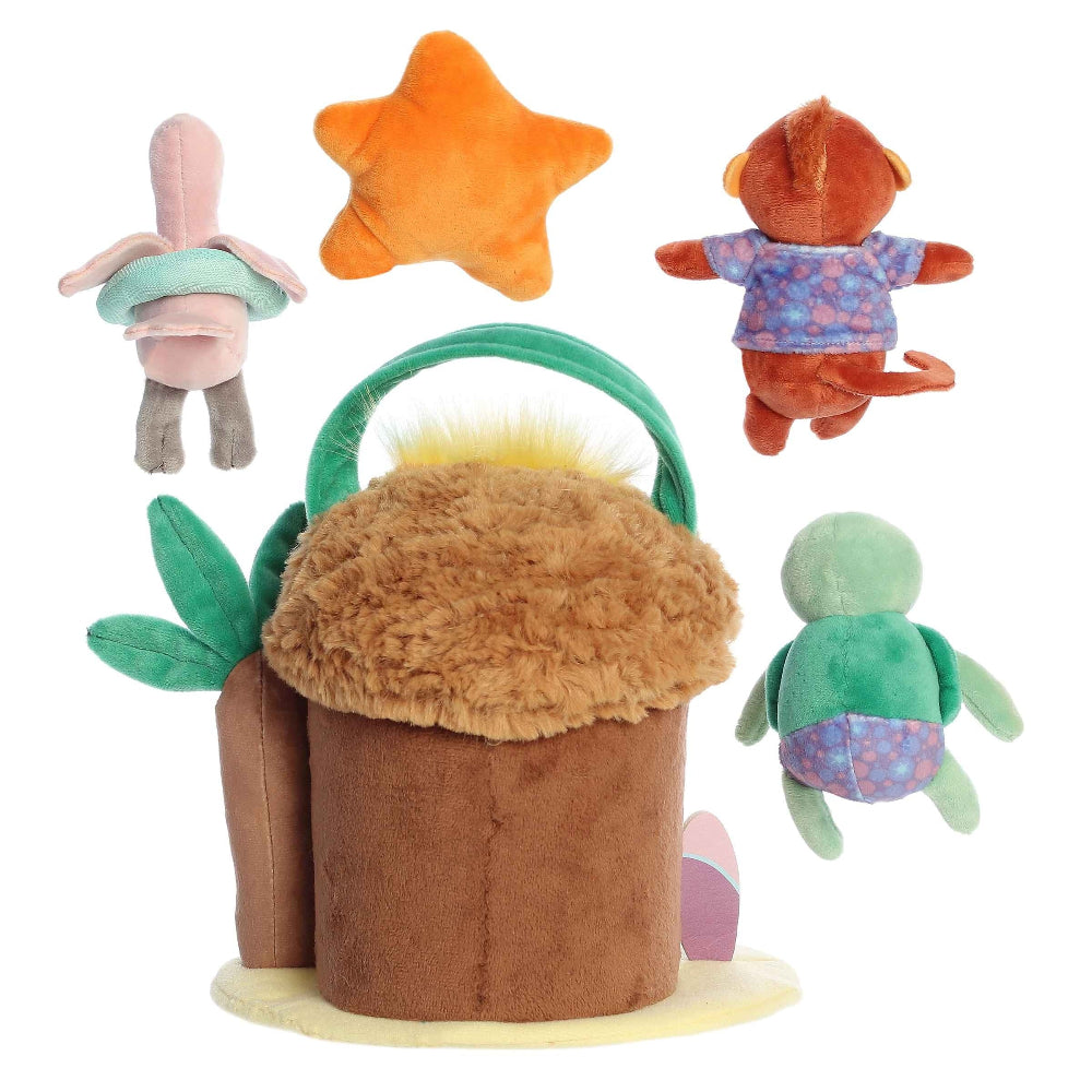 Aurora Ebba My Lil' Island plush set: 4 soft toys (star, turtle, monkey, bunny) on a fuzzy island