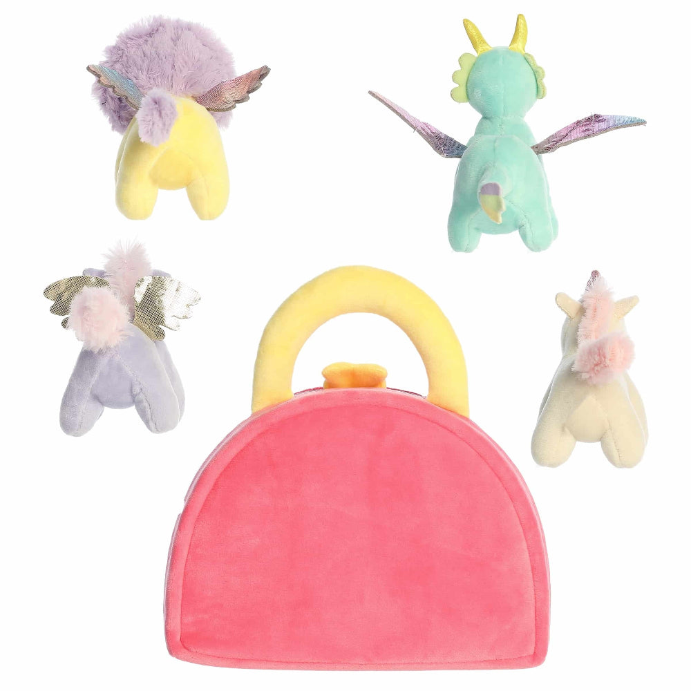 Aurora Ebba Baby Talk My Rainbow Friends plush set: 4 pastel unicorn/dragon toys with pink carry bag