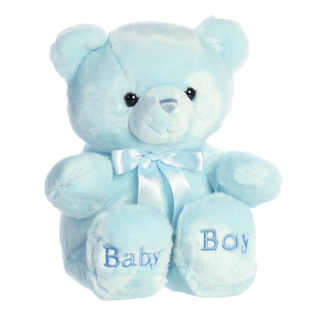 Aurora Ebba Comfy Baby Boy stuffed bear, light blue plush with satin bow and embroidered feet