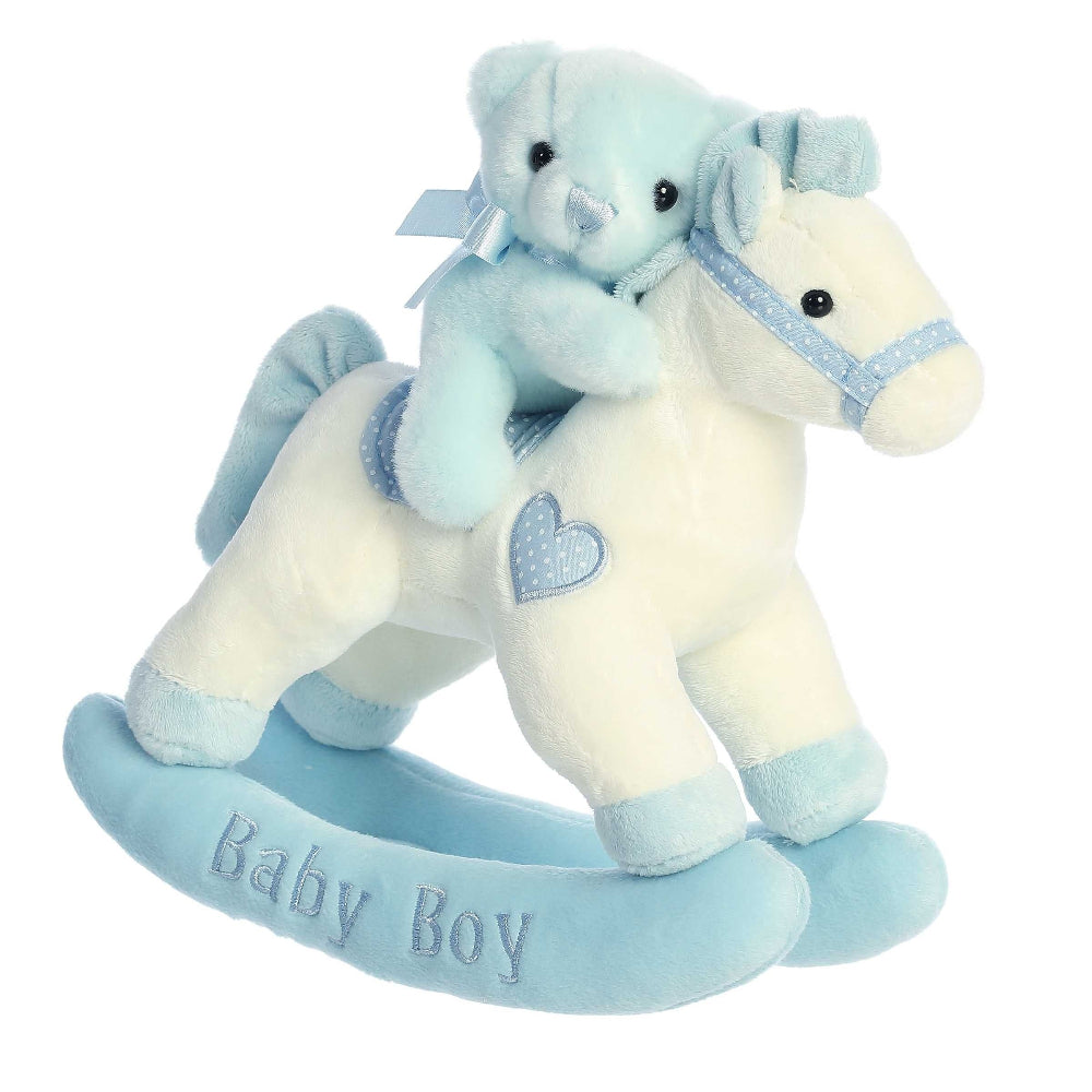 Aurora Ebba Musicals Baby Boy rocking horse plush toy, light blue and cream with heart patch