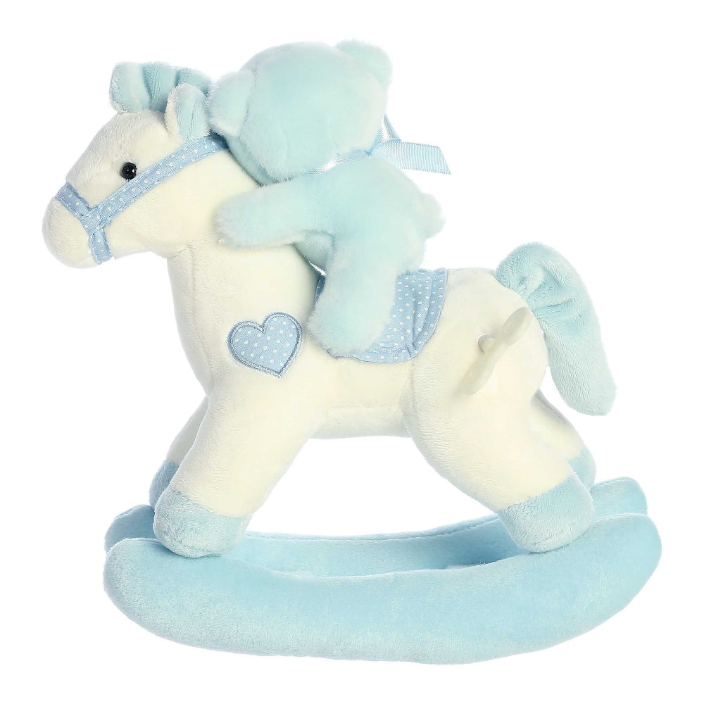 Aurora Ebba Musicals stuffed rocking horse plush in baby blue and white with polka-dot saddle on light blue rocker