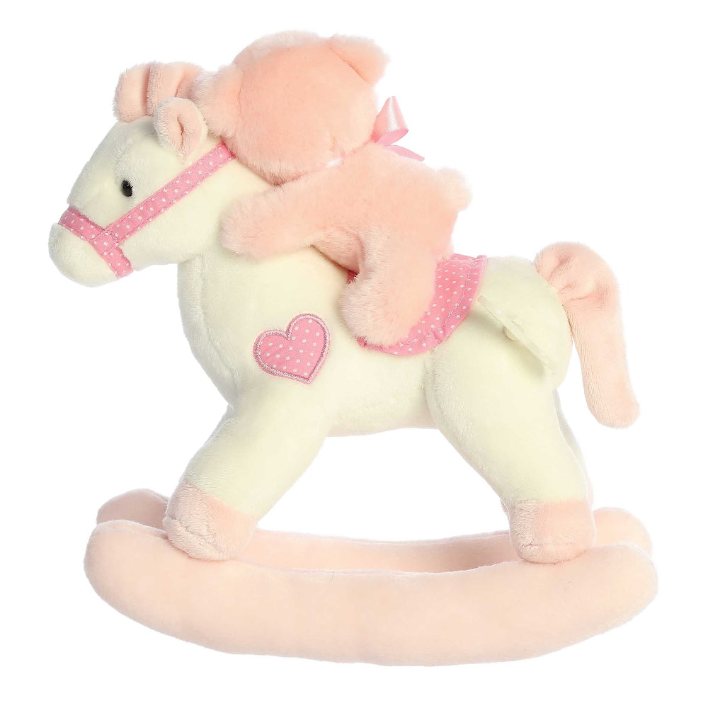 Aurora Ebba Musicals rocking horse plush, 12in, pink and cream with heart patch and rocking base