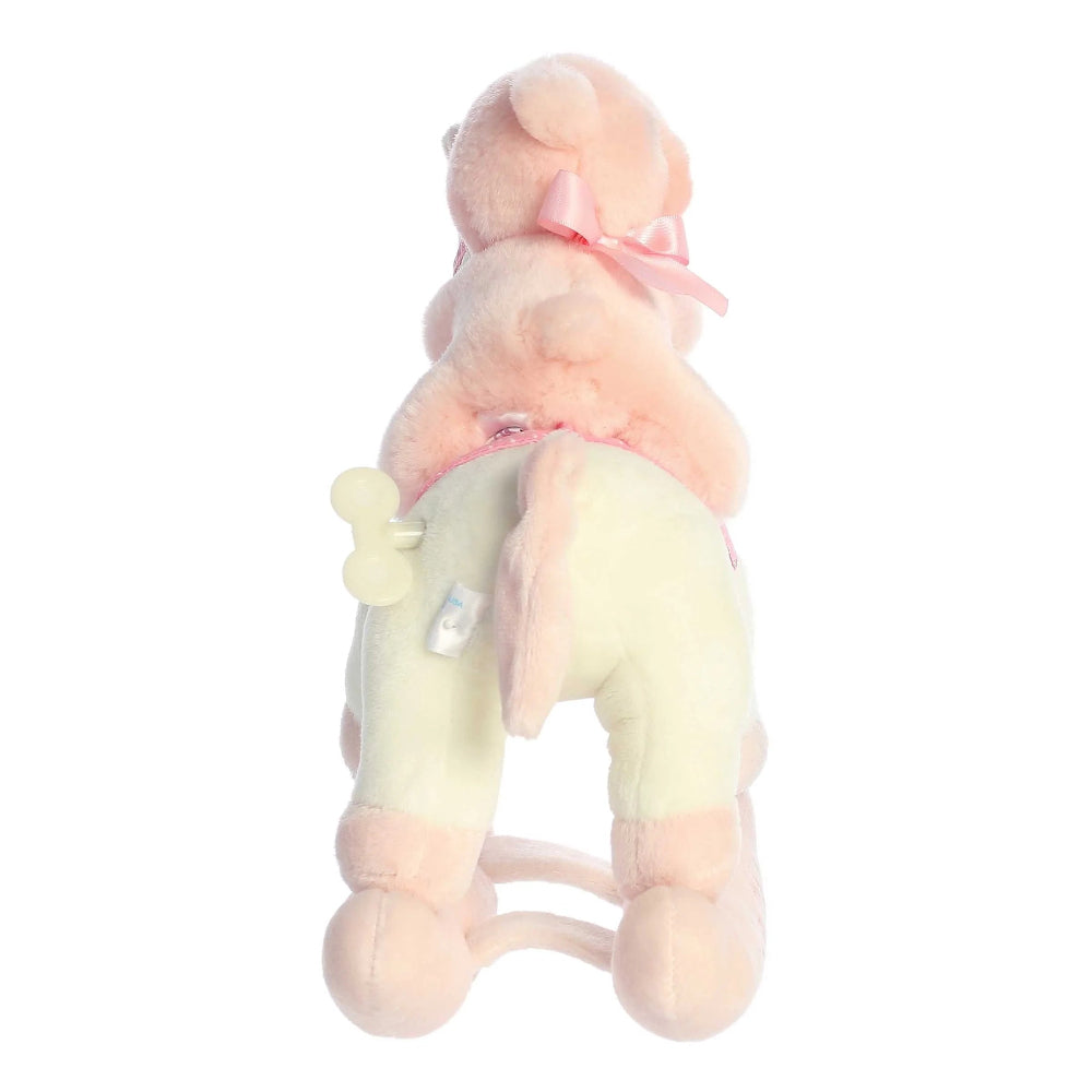 Aurora Ebba Musicals rocking horse stuffed toy for baby girl, pink plush with pale green body and pink ribbon bow