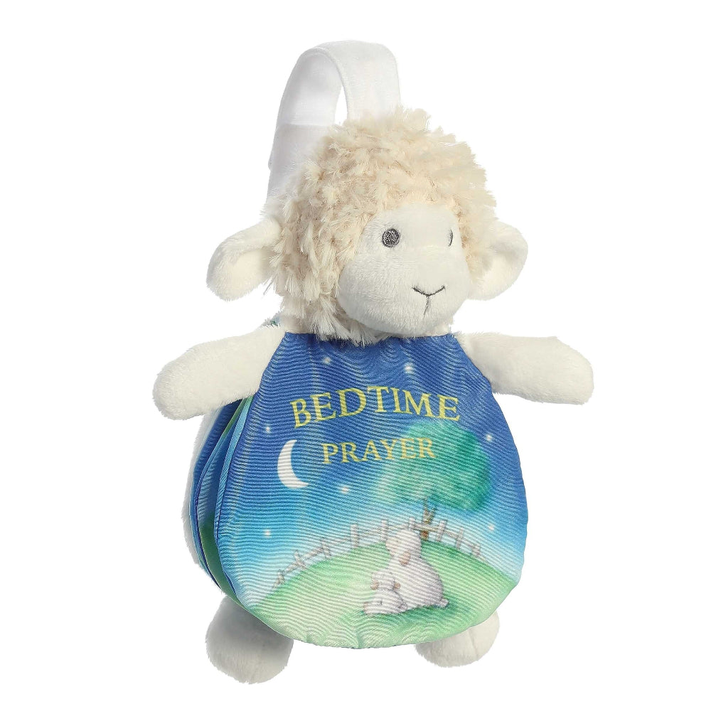 Ebba Story Pals 9" stuffed sheep by Aurora with a blue gradient blanket featuring Bedtime Prayer.