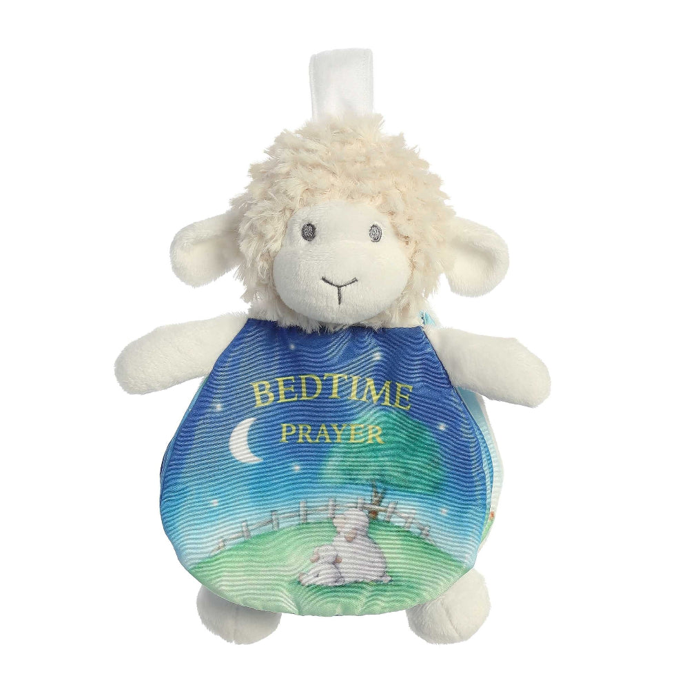 Aurora Ebba Story Pals 9-inch stuffed sheep with blue Bedtime Prayer blanket featuring a moon scene
