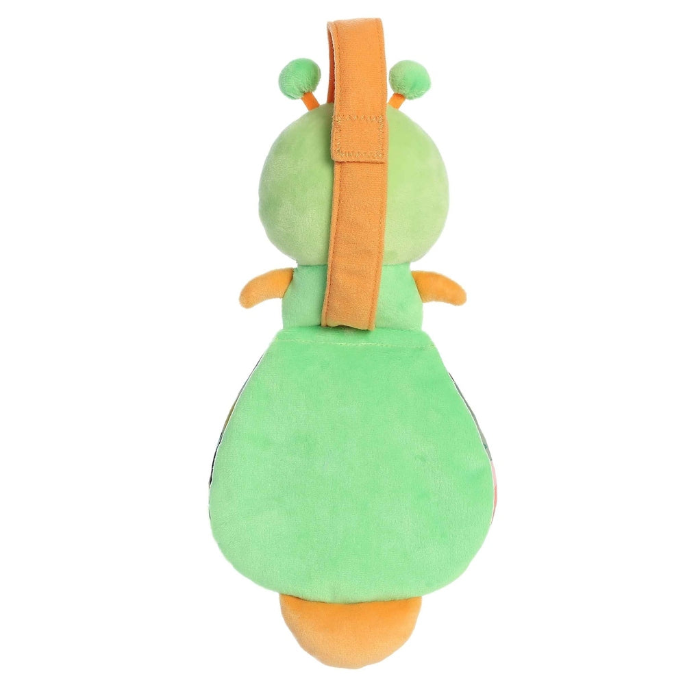 9-inch green plush Story Pal with orange limbs and strap, back view with antennae and green pom-poms.