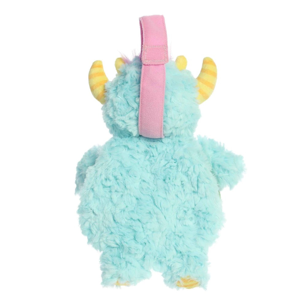 Aurora Ebba Monster Moods plush toy, 9-inch blue fluffy monster with pink headband and yellow horns