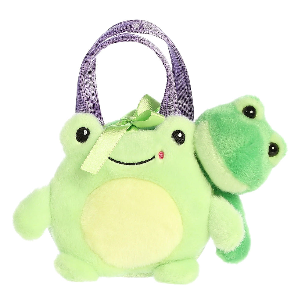 Aurora Fancy Pals Frog plush toy, 8 inches, lime green body with purple handle and bow