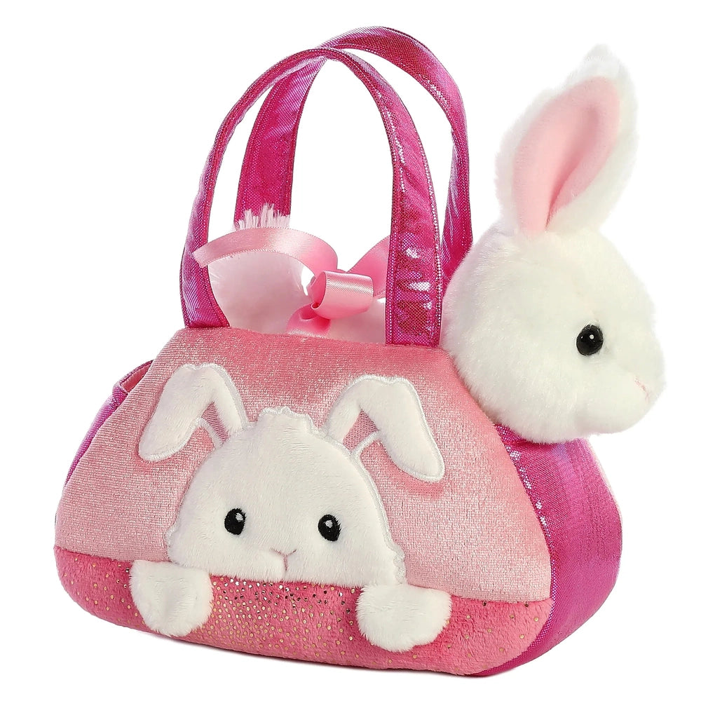 Aurora Fancy Pals Peek-A-Boo Bunny 7" plush toy, pink with a front pocket bunny peeking out.