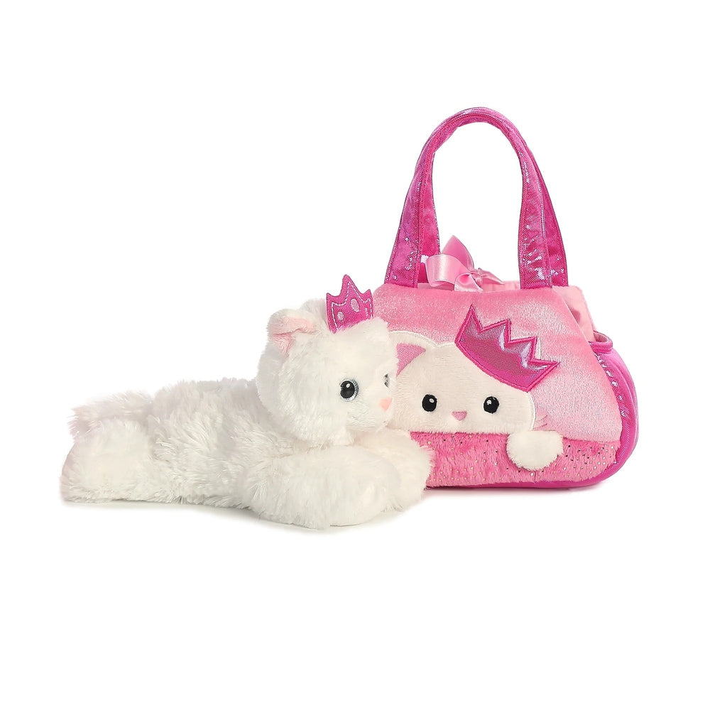 Aurora Fancy Pals Peek-A-Boo Princess Kitty 7-inch plush: white fluffy kitten with pink crown, pink tote bag included