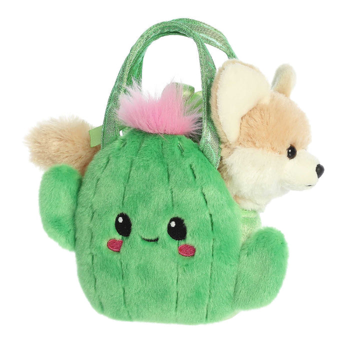 Aurora Fancy Pals Smiling Cactus 7in plush backpack with beige corgi tagalong